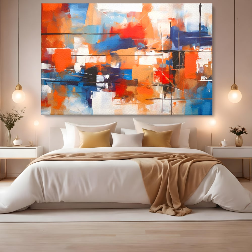 Tablou canvas cu tablou canvas pictura abstracta multicolora, fara rama, pe sasiu de lemn, pe perete intr-un dormitor